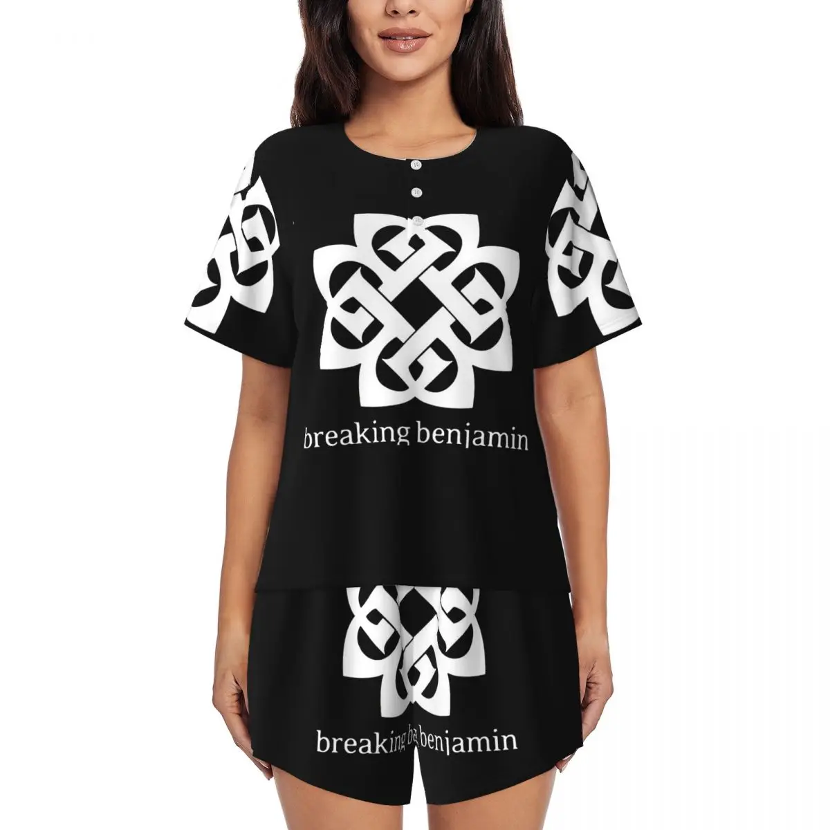 Art - Breaking Benjamin Camisolas de dormir premium com gola redonda e manga curta para dormir, conjunto de pijama macio para mulheres, calças curtas