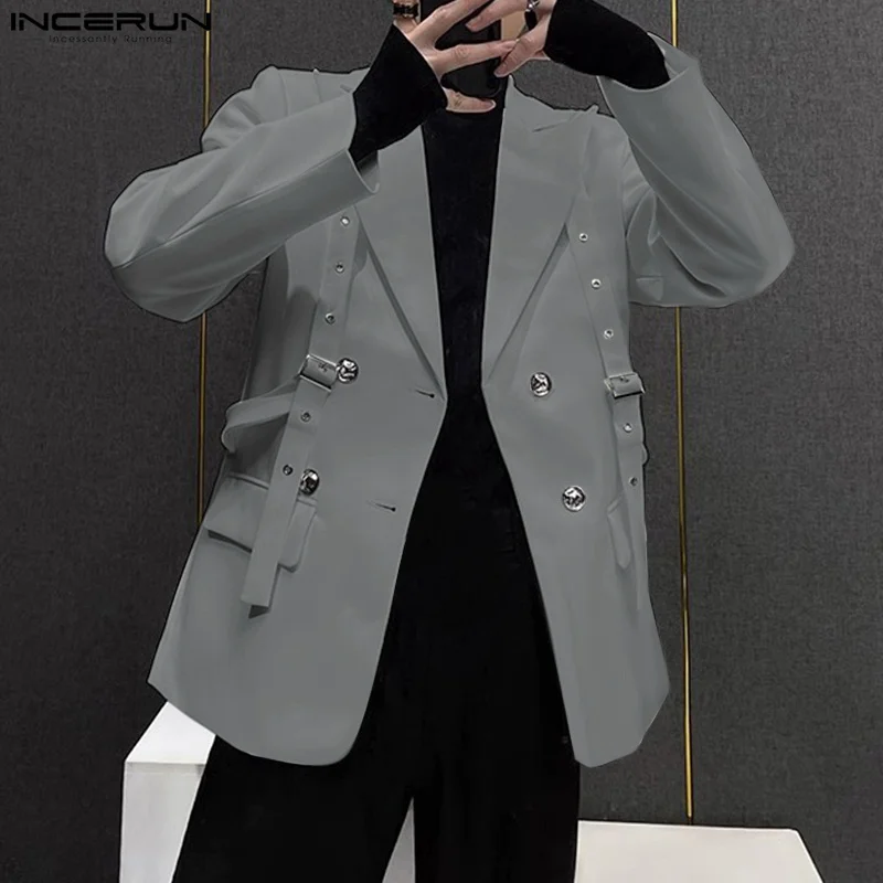 INCERUN Korean Fashion Men Blazer Casual  Long Sleeve Solid Tops Pocket Button Steetwear Male Outfits Well Fitting Vintage Coats