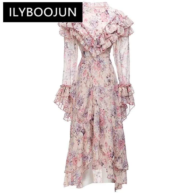 

Ilyboojun Flarsleevsinglbreasted Asymmetrical Print Dress Spring Autumn Rufflfashion Women's Holiday Long Dresses