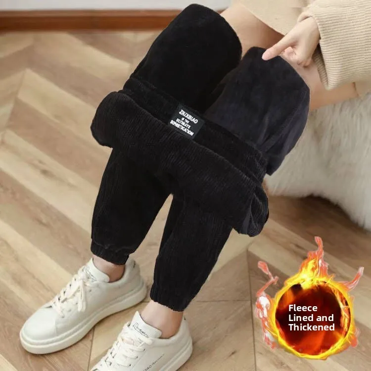 New Women\'s Corduroy Sports Pants Loose Fit Autumn Winter 2024 High Waist Nine Points Polyester Fiber Thickened Fleece Lined