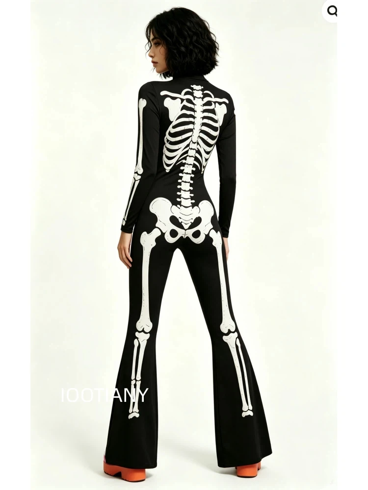 Damen Halloween Skelett Sugar Skull Blumen-Jumpsuit Clown Schlaghose Bodysuit Cosplay Festival Party Zentai Kostüm – Detail 13