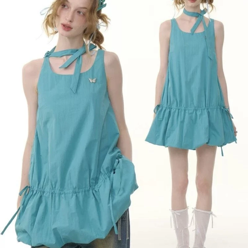 夏のアメリカンスタイルの新しいレースアップ花のつぼみ裾ブルーグリーンキャミソールベストドレス Y2K 原宿キュートで新鮮な女性のドレス