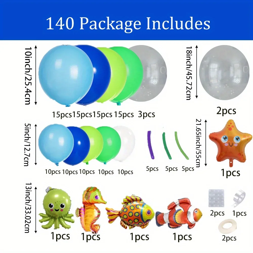 140PCS Ocean-Themed Balloon Garland Kit - Blue Sea Animal Party Decor for Summer & Birthday Celebrations, Indoor/Outdoor Use