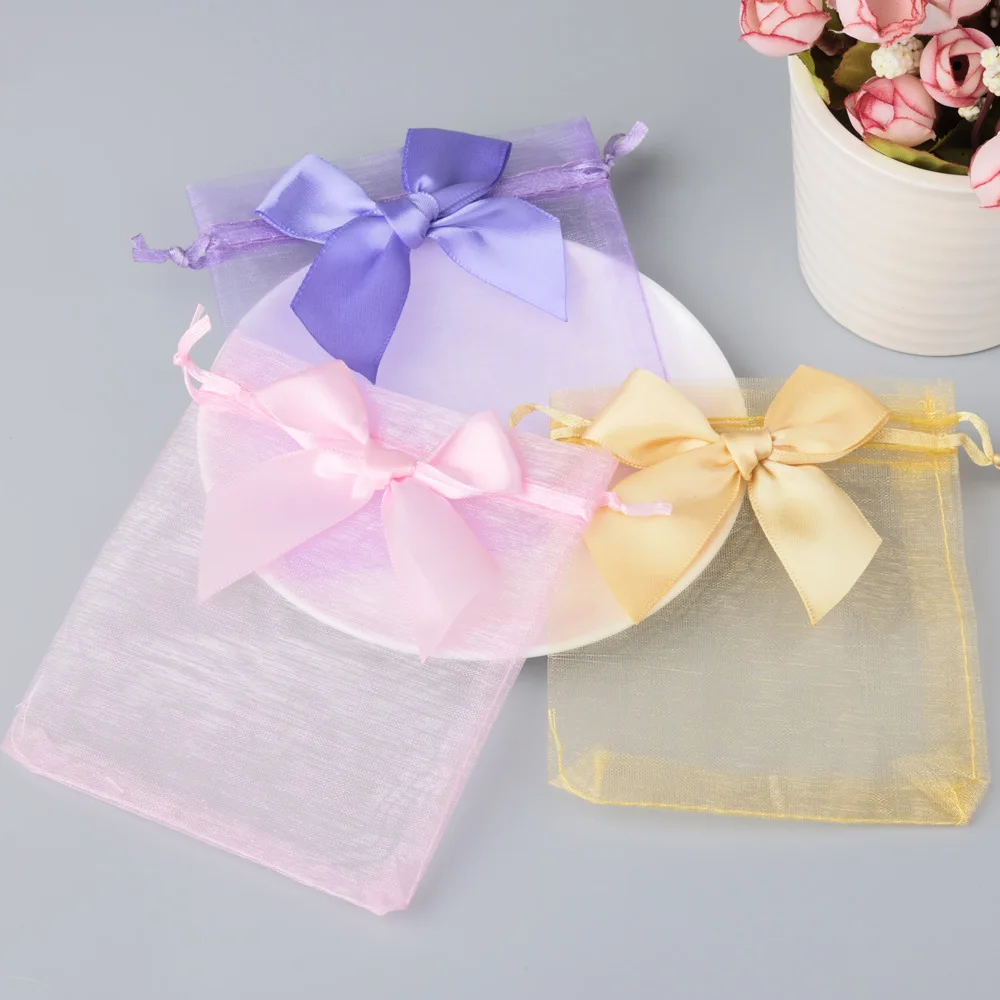 10 pz/lotto 9x12cm nuova borsa in Organza regalo Bowknot festa di natale sacchetti di caramelle per matrimoni imballaggio di gioielli squisiti