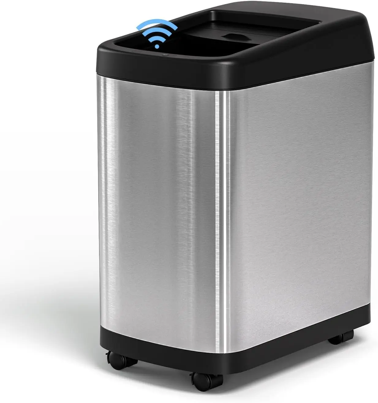 Lixeira de Cozinha de 13 Galões com Tampa Rolante, Lixeira Retangular Automática com Sensor de Movimento Sem Toque e Rodas, Acabamento Escovado