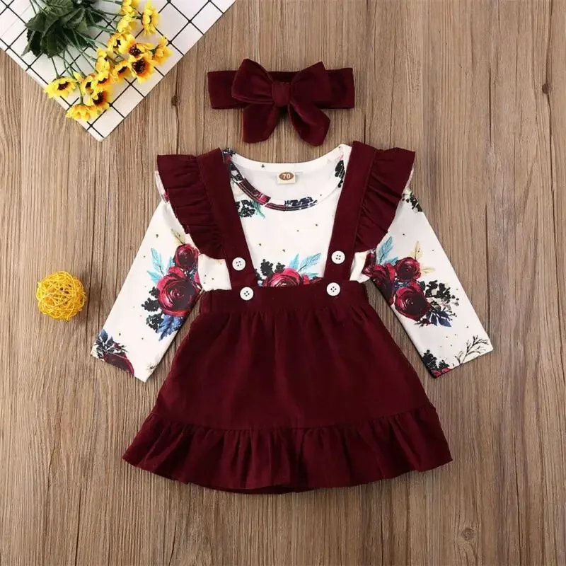 Newborn  Baby Girl Clothes Set Floral Bodysuit Romper Jumpsuit Tops T Shirt  Suspender Skirts Bow Headband Outfit Button 2pcs