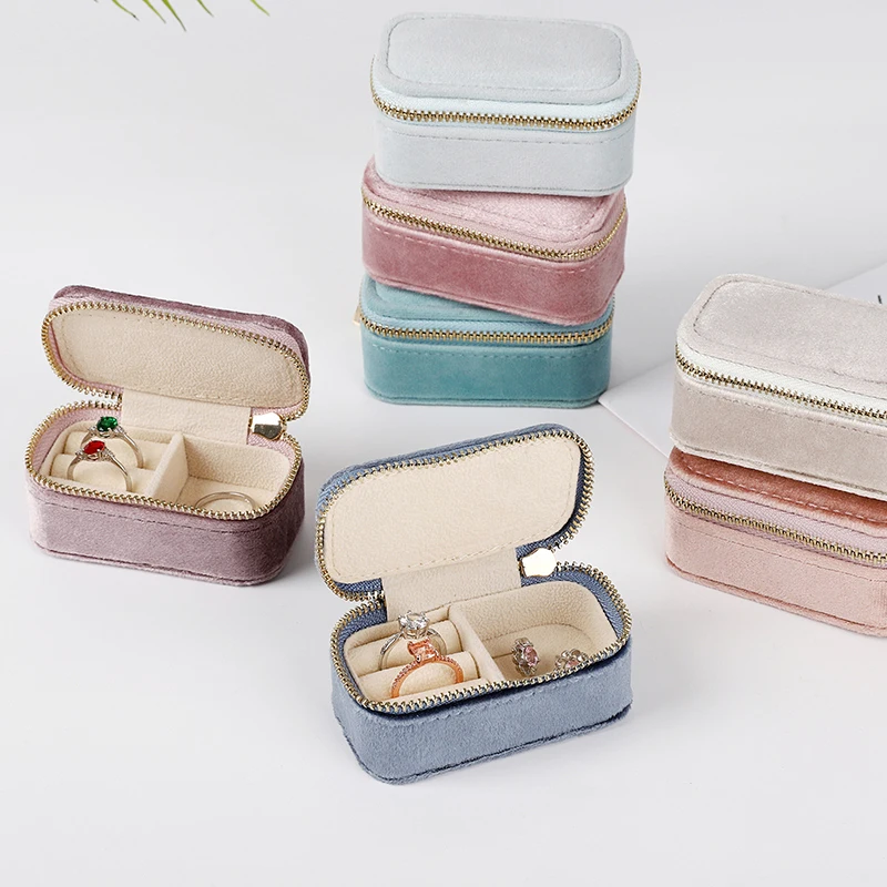 1pcs Mini Velvet Ring Box Jewelry Storage Case Single Layer Earrings Necklace Organizer Candy Color Zipper Bag Travel Portable