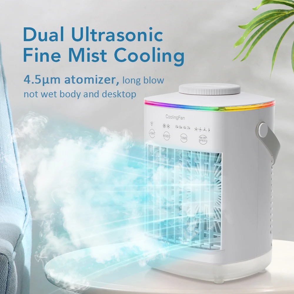 Air Conditioner Portable Fan Desktop Dual Spray Ultrasonic Atomization 3/4-Speed Mute Air Cooler Night Light for Home Office