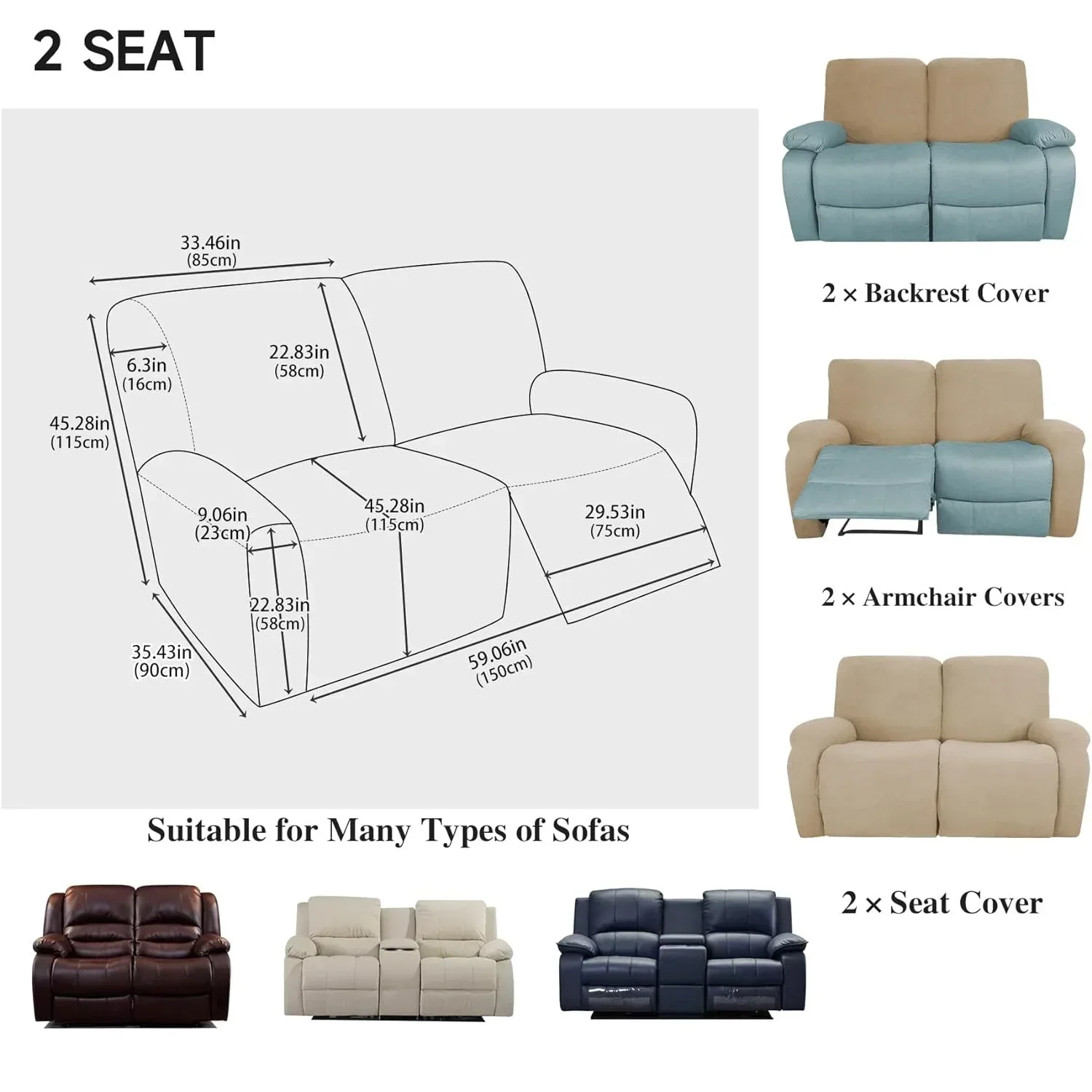 Stretch Recliner Sofa Covers 2-Seater Thick Jacquard Recliner Sofa Couch Cover Arm Sofa Slipcover Pet Protector Washable