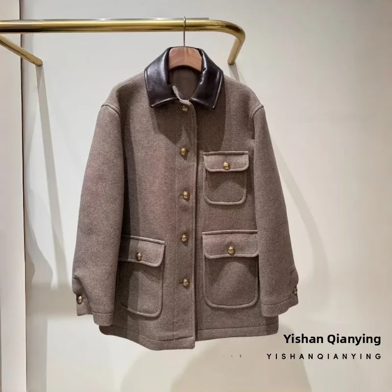   Prendas de abrigo Faion de otoño e invierno con cuello de retales de cuero para mujer abrigo largo Ele Sle Sve