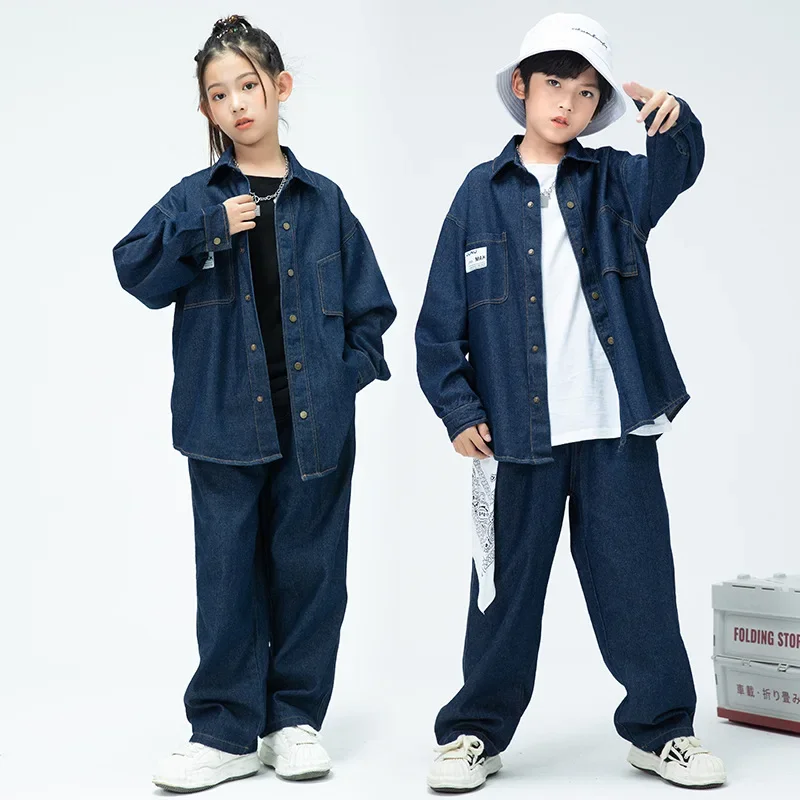 Children Boys Girls Streetwear Hiphop Loose Casual Denim Shirt Jeans Sets Teen Kids Coat Pant Track Suits Stage Clothing Costume