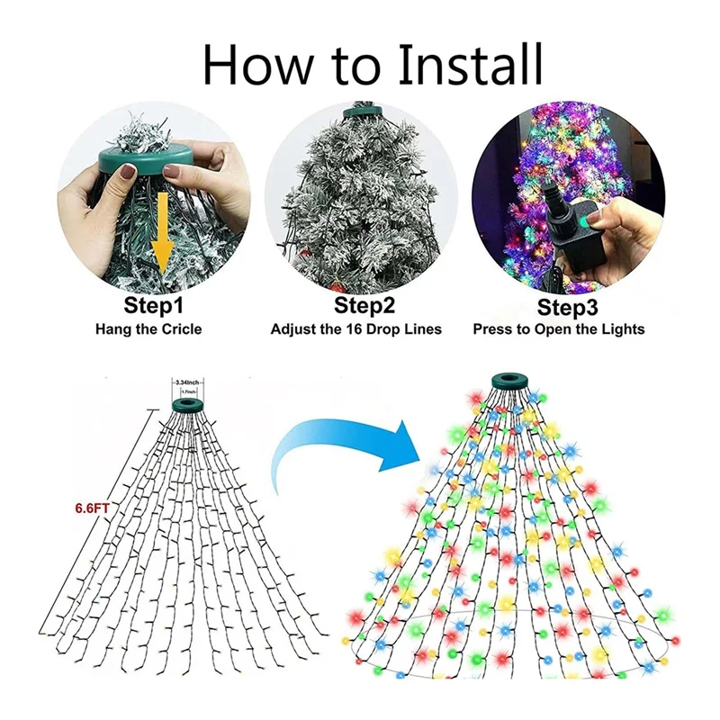 Y42A-أضواء شجرة عيد الميلاد IP65 مقاوم للماء 16 خطوط 8 طرق أضواء عيد الميلاد داخلي في الهواء الطلق زينة عيد الميلاد الاتحاد الأوروبي التوصيل