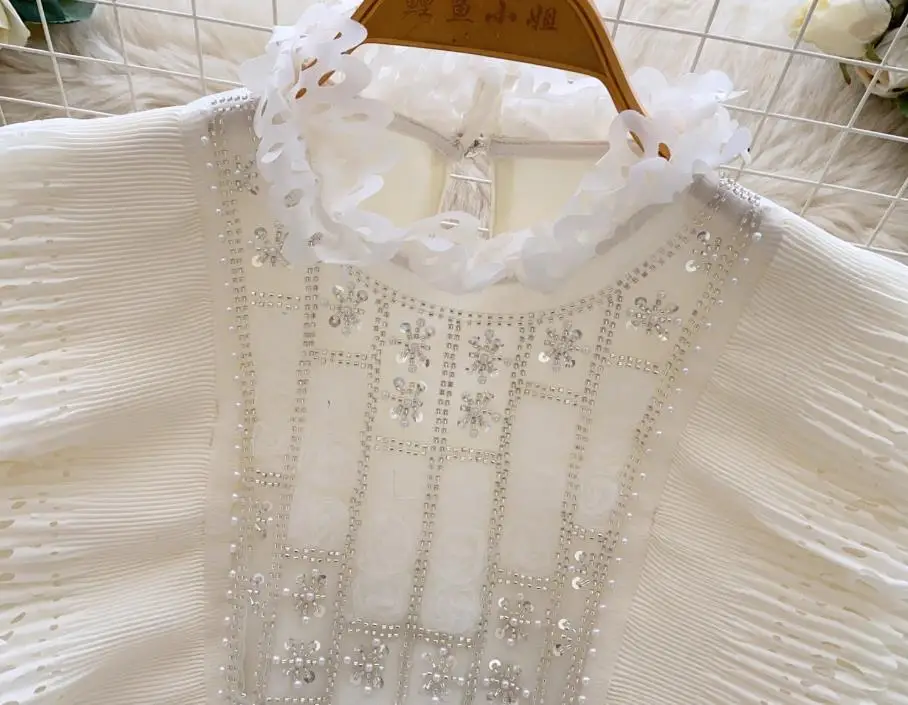 Blusa bordada vintage para mujer, camisa de satén de manga larga con cuentas, estilo francés, elegante con volantes