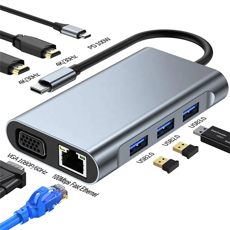 

Multi Function 8 in 1 USB-C USB C to Dual 4K USB C Multifunctional Hub Docking Station 8-In-1 with 2 Extend Display