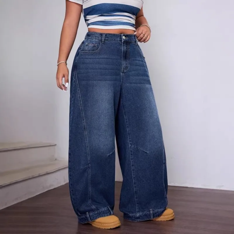 

Джинсы KEXU Plus Size 2026: Свободные широкие брюки-клеш в стиле ретро, с эффектом потертости, синие