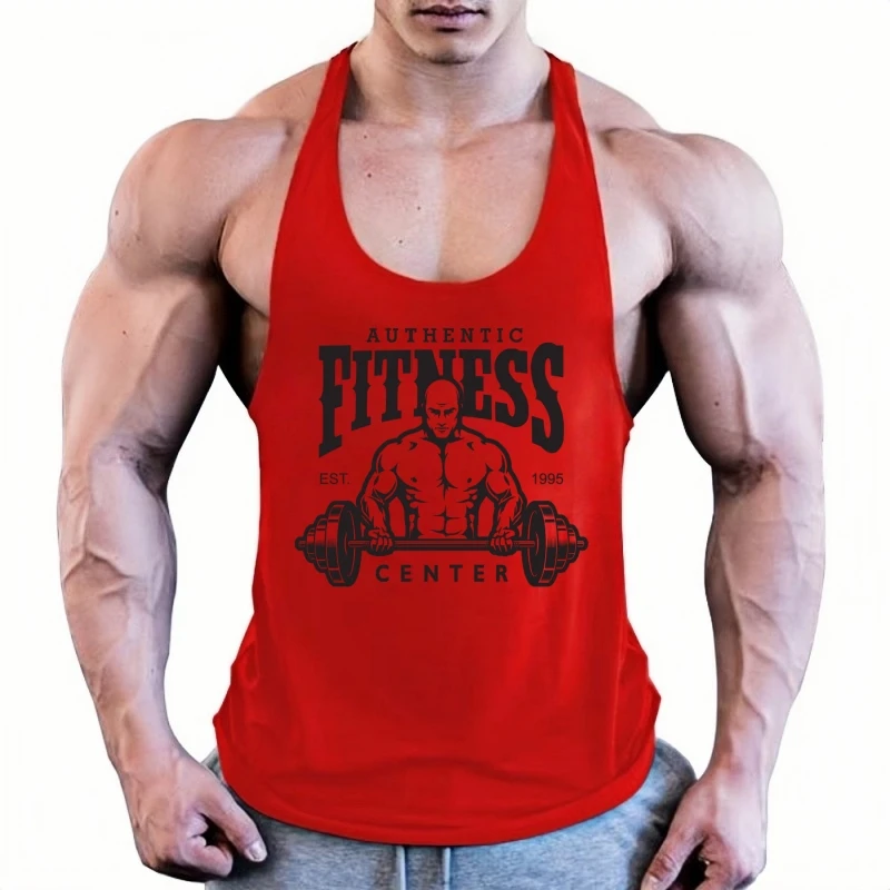 Men's Gym Stringer Vest - Authentic Fitness Print, Breathable Cotton, Y - Back Style, Ideal for Bodybuilding Workouts