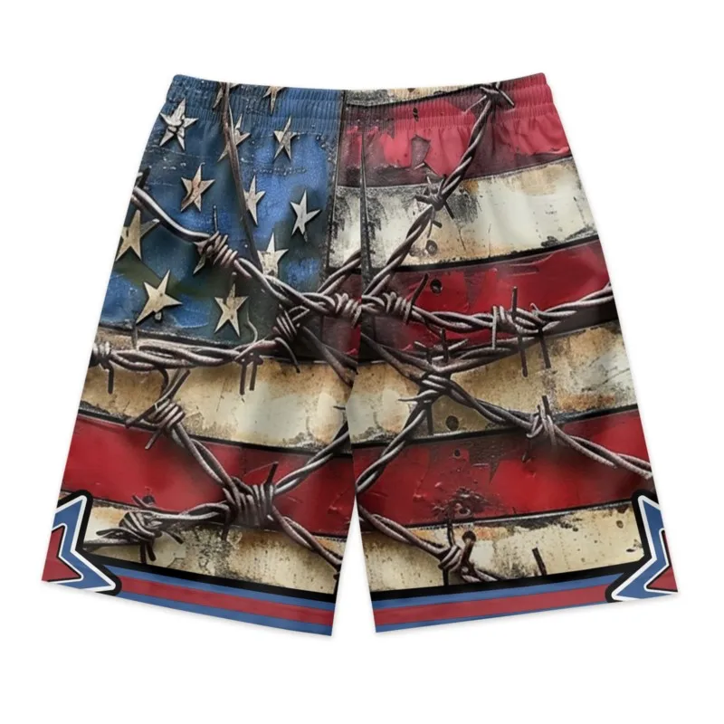 Chained Flag Print Men's Polyester Drawstring Waist Shorts Quick Dry Breathable Beach Shorts Casual Sport Shorts