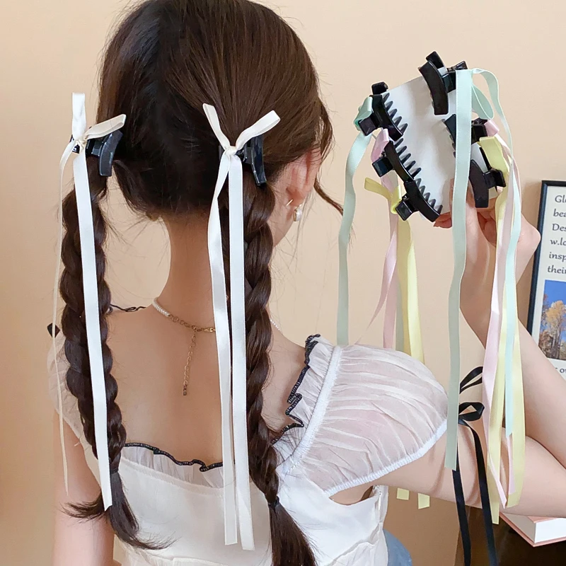 Garras acrílicas de cabelo bowknot para mulheres, monocromáticas, fita, longas, doces, fofas, moda, clipes de tubarão, acessórios de festa, 2 peças