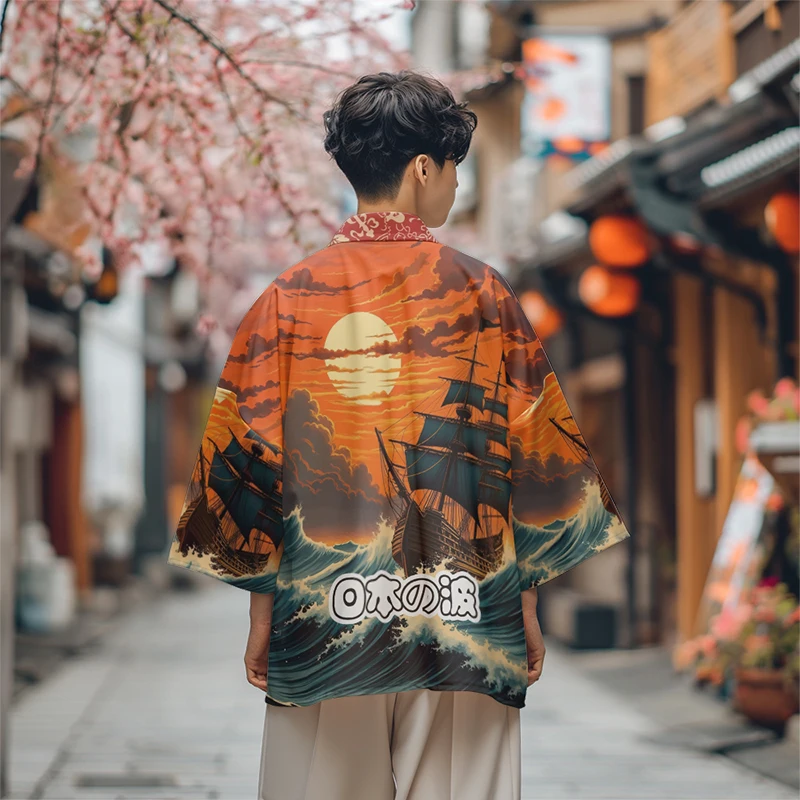 

Summer Beach Men Women Traditional Haori 2025 Japanese Style Sailboat Waves Print Kimono Fashion Cardigan Yukata