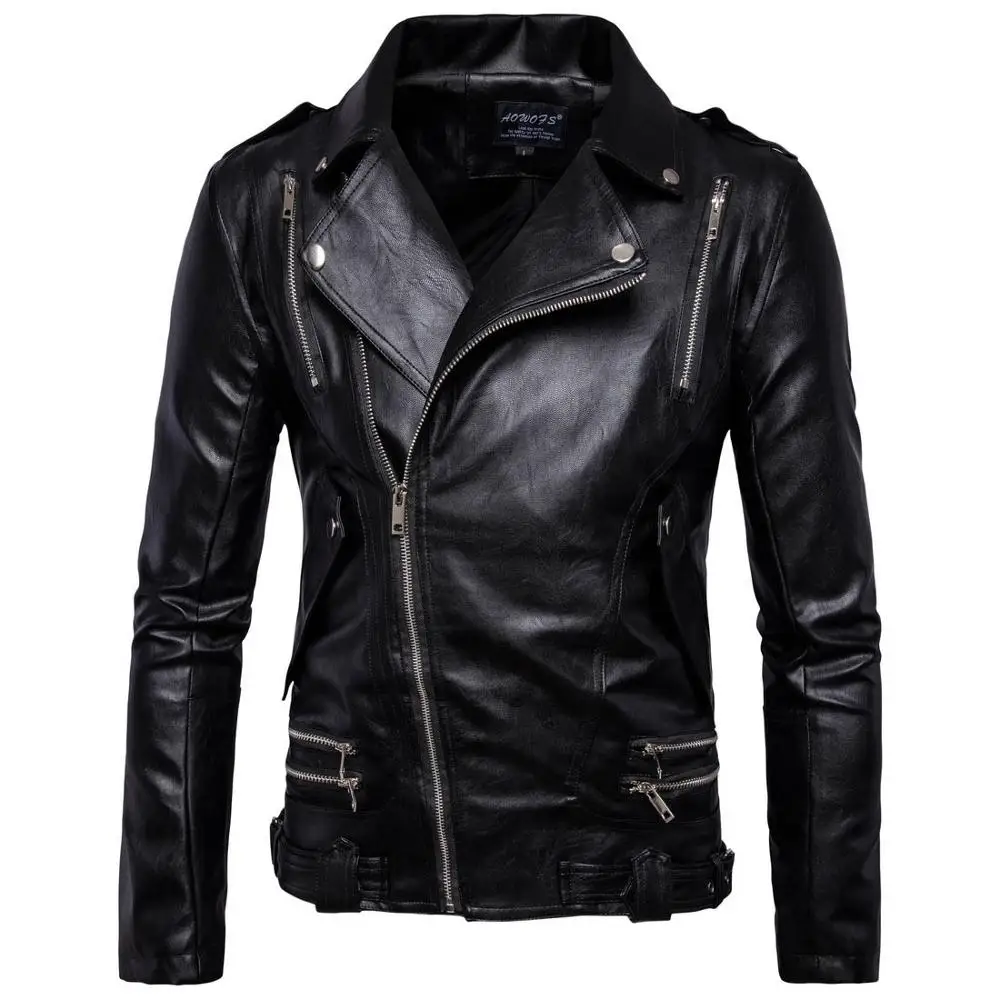 

Hot 2021 Fashion Men's Lapel Diagonal Zipper Hip Hop Black Multi-zip Men's PU Leather Jacket Windbreaker Chaquetas Hombre B016