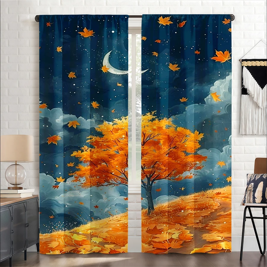 2PCS Digital Print Curtain, Moonlit Autumn Tree with Stars, Dreamy Fall Night Sky Nature Style for Living Room Bedroom Decor
