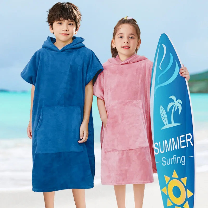 Kids Hooded Fleece Bathrobe, Quick-drying Absorbent Material, Beach Towels, Pocket Design, Soft Homewear