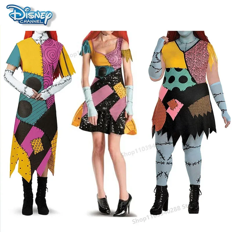 Disney The Nightmare Before Christmas Halloween Cosplay Costume Print Dress Cos Anime Figure Sally Dress Woman Party Set