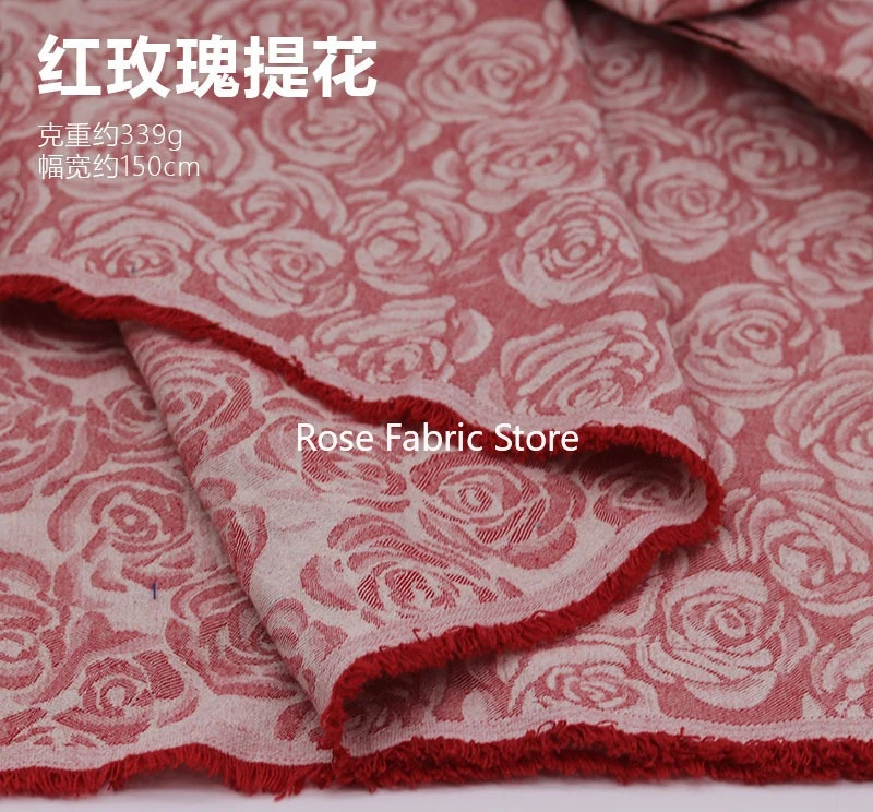 

1-метровая жаккардовая джинсовая ткань с красной розой для джинсовых курток, платьев для девочек, джинсов, швейной ткани своими руками.