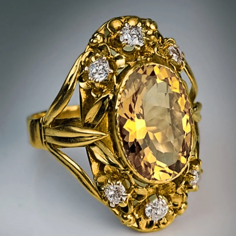 Huitan Luxury Women Gold Color Ring Leaf Fresh Style Fashion Wedding Engagement Elegant Accessories Lady Jewelry Inlaid Shiny CZ