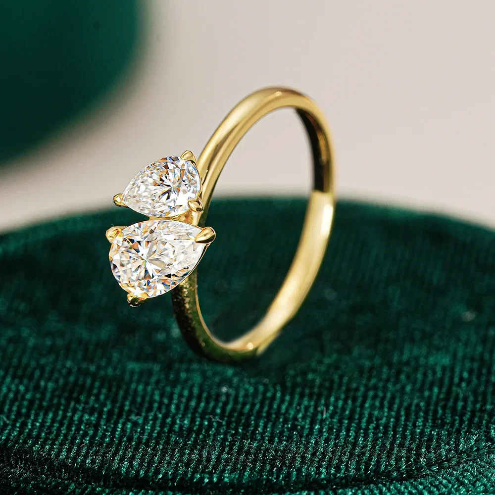 

Кольцо из 100% настоящего золота 18 карат с двойным камнем из муассанита для женщин, преувеличенное кольцо с квадратными каплями воды, высококачественные украшения для подруги