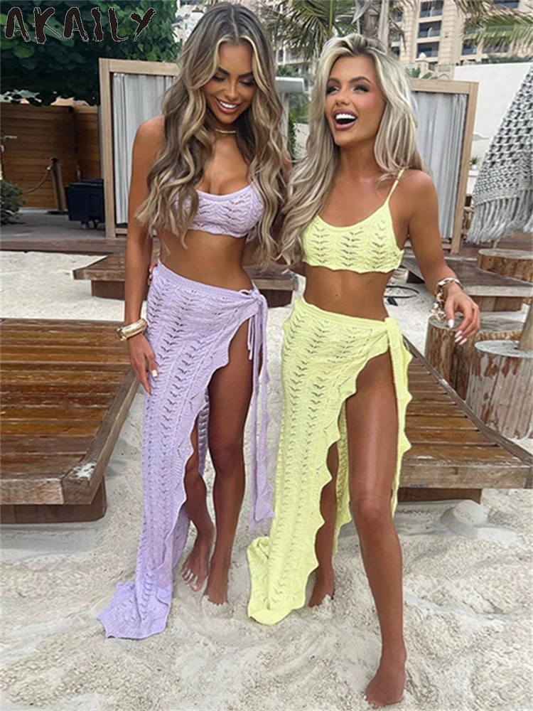 Akaily Summer Yellow Knit Elegant 2 Piece Set Vacation Beach Outfits For Women 2024 Sexy Hollow Out Sleeveless Splits Skirt Set