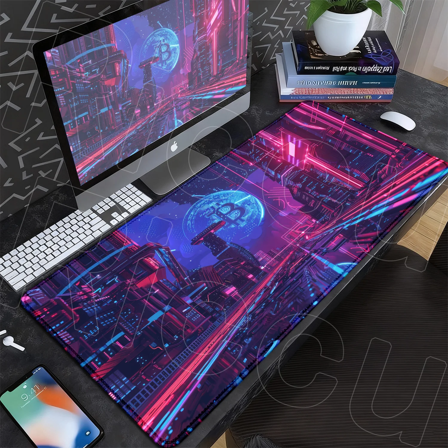 40x90cm Bitcoin Mouse Pad Gaming HD Print Mousepad Night View Large Laptop Anti-slip Rubber Desk Mat Trader Stitch Edge Keyboard