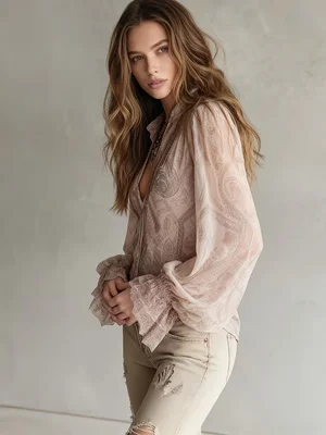 2026 Spring/Summer New Bohemian Paisley Print Chiffon Blouse Women's V-Neck Drawstring Flare Sleeve Sheer Top Vacation Commuter Gentle Shirt