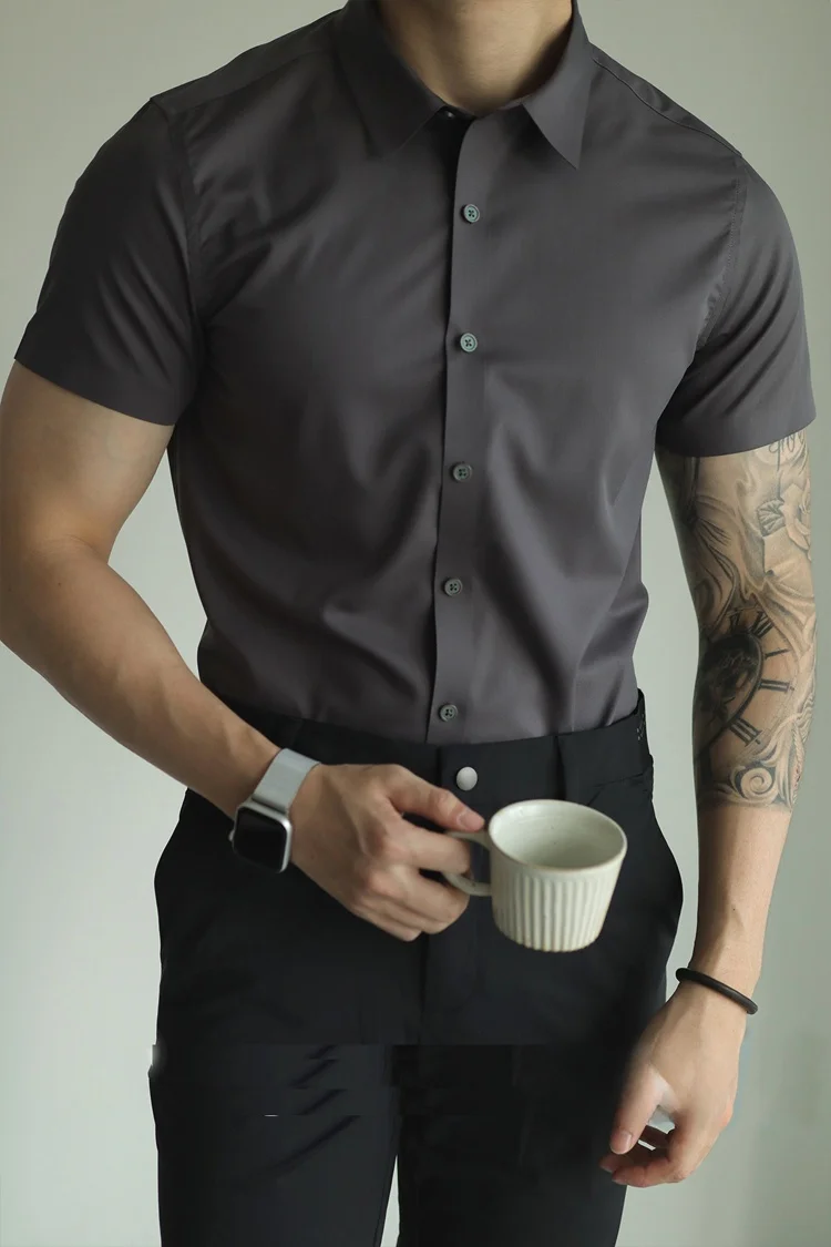 Ice Silk Cool Feeling Slim Fit Short Sleeve Business Casual Commuter Shirt No Ironing Required Seamless Technology Three Proo...
