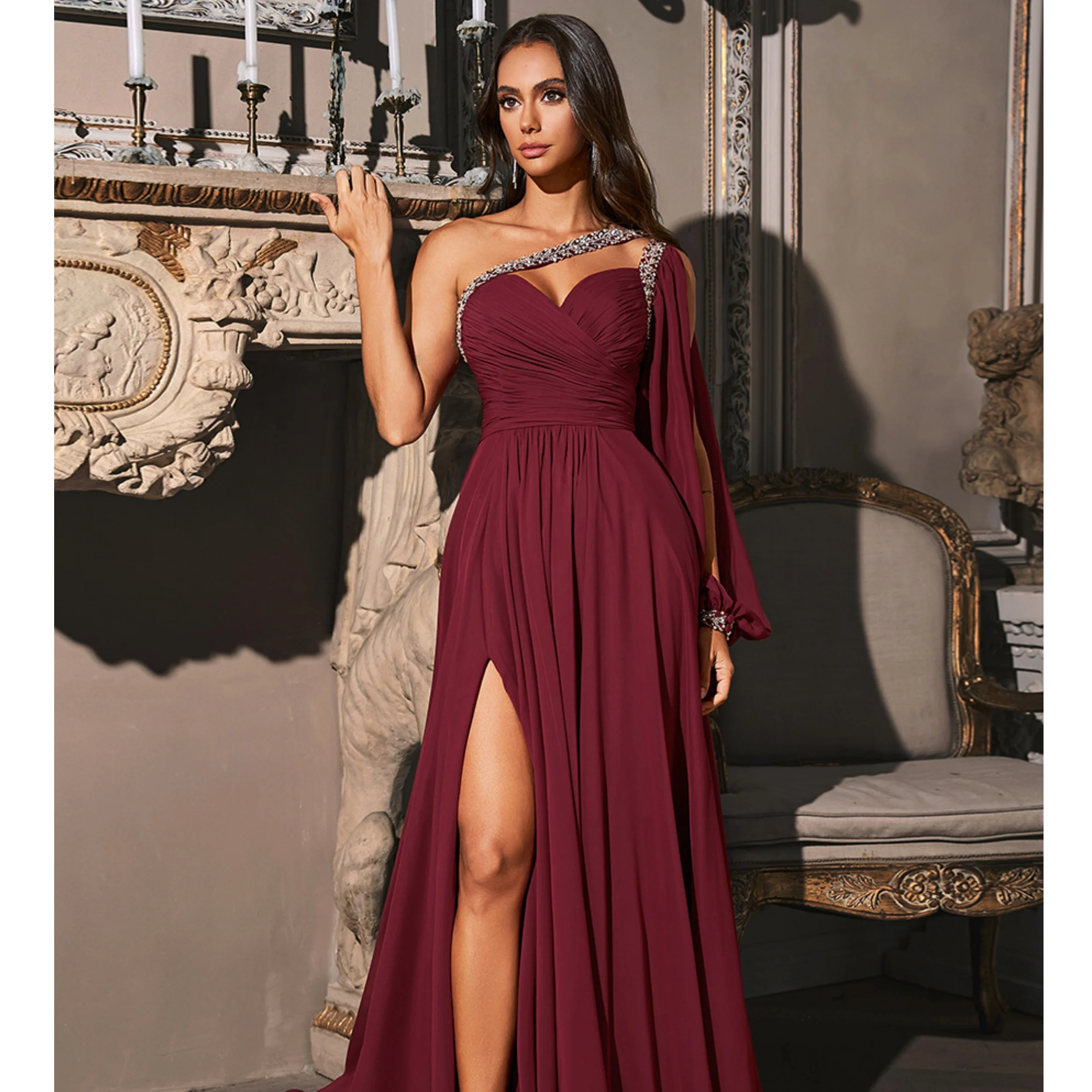 

Linda Simple Prom Dresses for Women One Shoulder Dark Red Evening Gown Beading High Slit Pleats Vestidos de Noche Customized