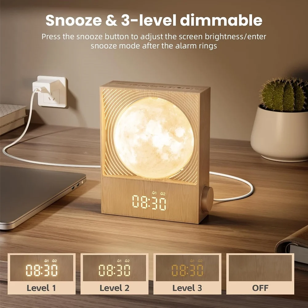 【EFFICIENT 】Gentle Wake-Up Rotatable Moon Light Alarm Clock For Heavy Sleepers, Sunrise Function Night Lamp For Bedrooms view 3