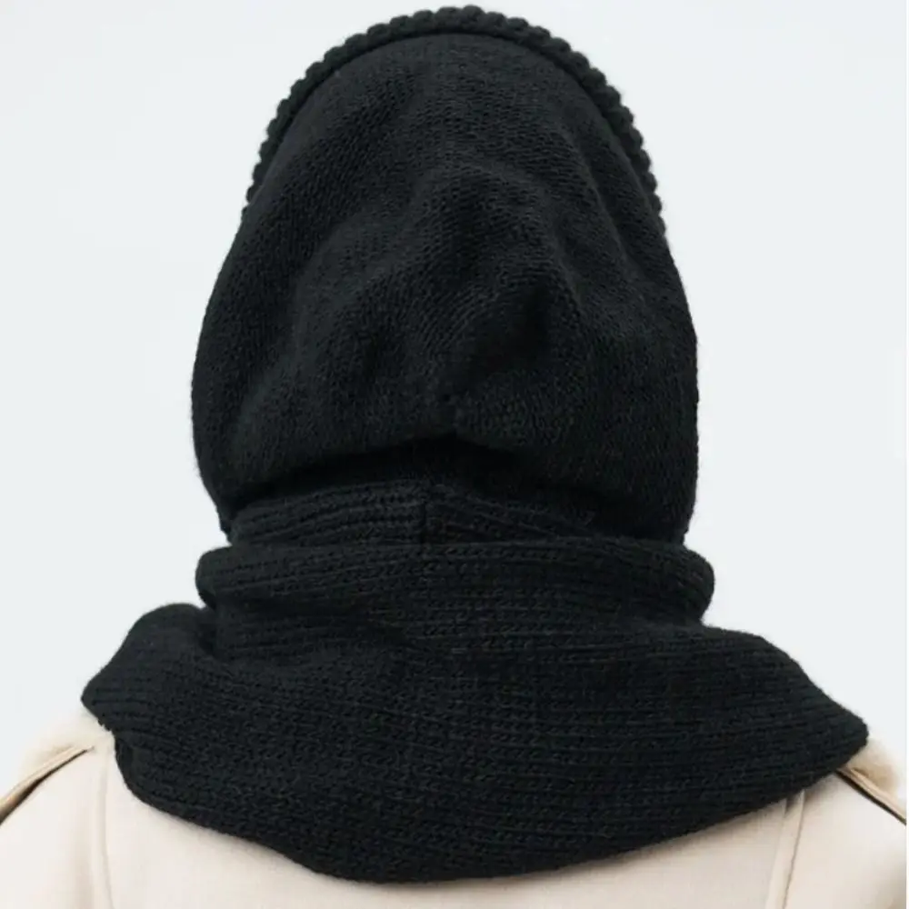 Niedliche, gestrickte Sturmhaube aus Wollmischung, einfarbig, warm, mit Kapuze, weiche, gekreuzte Kapuze, Mütze für Damen/Mädchen. – Detail 10