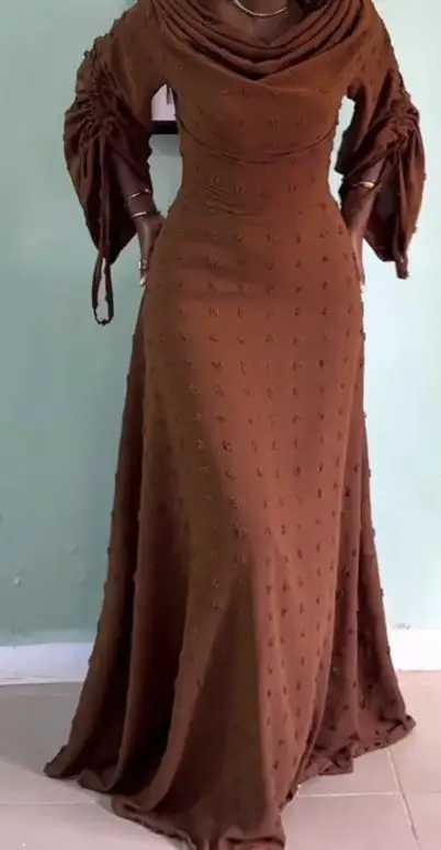 

Women Dress 2026 Spring New Elegant Commuting Pleated Sleeve Drawstring Three-Dimensional Wool Ball Waist Cinching Long Dress