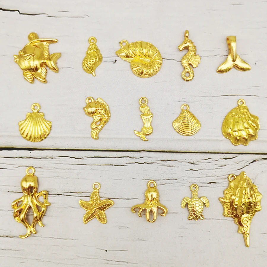 15PCS Gold Color Marine Life Charms Alloy Fish Mermaid Shell Conch Seahorse Octopus Pendant Bracelet Jewelry Handmade Accessory