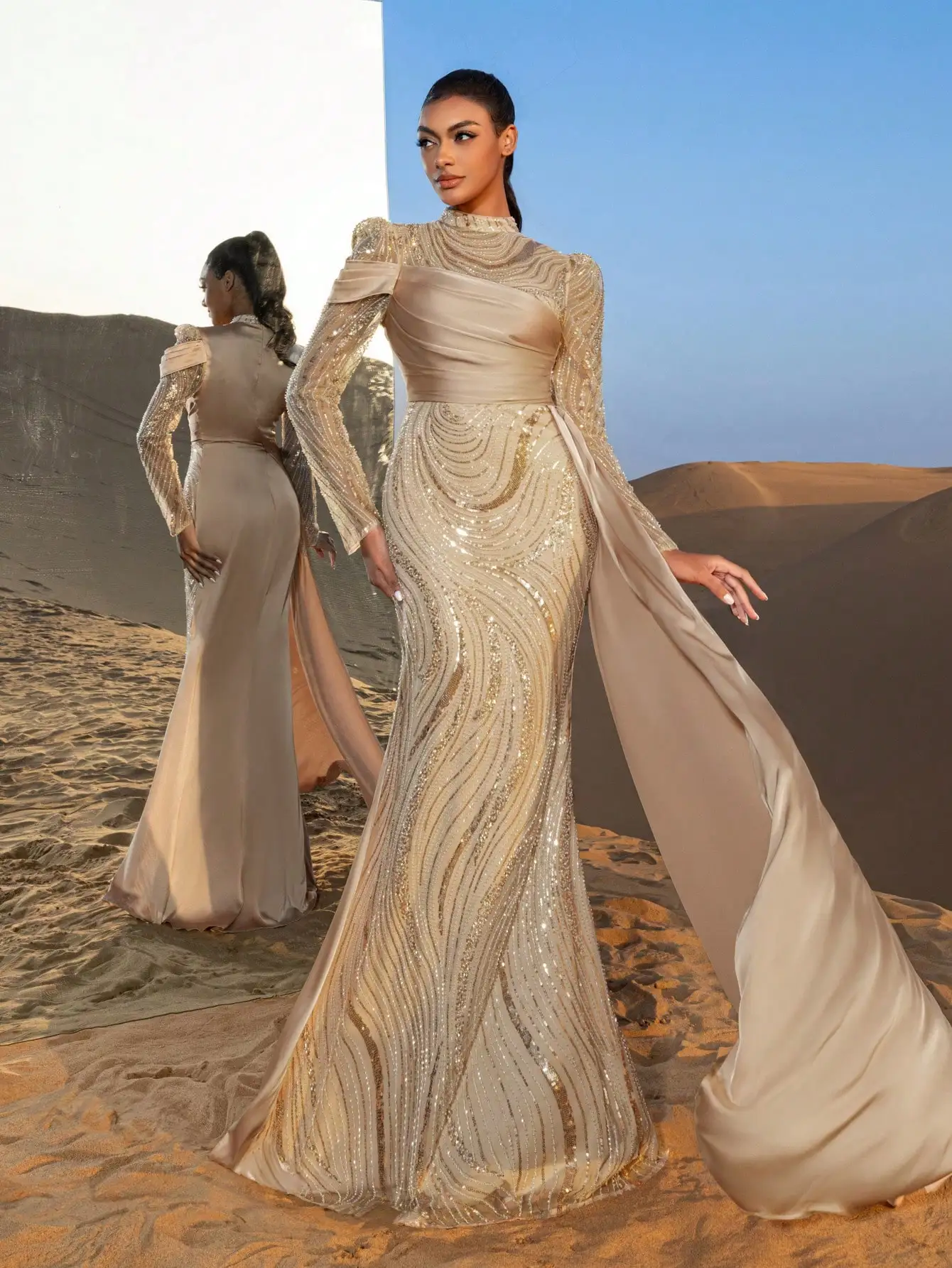 Lindo decote simulado mangas transparentes bainha sereia vestidos formais e vestidos de noite