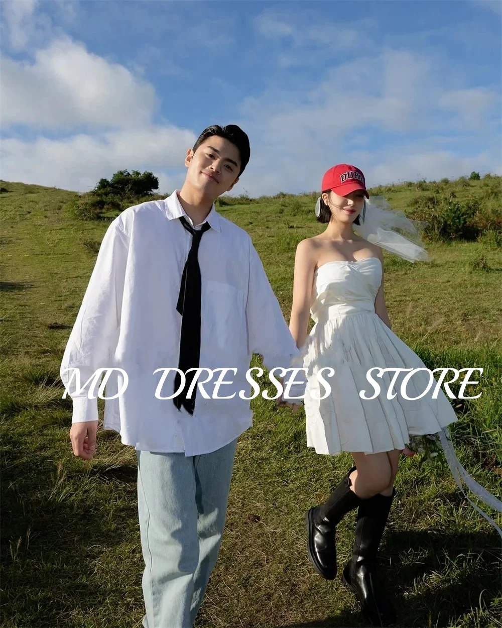 MD 2025 Lvory Short A-line Wedding Dresses 웨딩드레스  Sweetheart Mini Korea Photo Shoot Sleeveless Above Knee Bride Gown Customised