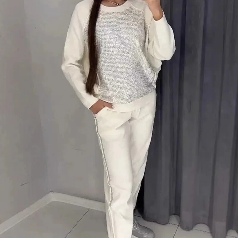 Vestidos Women\'s Fashion Diamonds Hooded Sweatshirt Sports Suit Autumn Winter O Neck Solid Color Loose Basic 2-piece set 2025