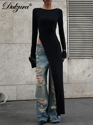 Dulzura O-Neck Long Sleeves Side High Slit Midi Dress Women'S Solid Sexy Outfit Party Club Streetwear Autumn Winter