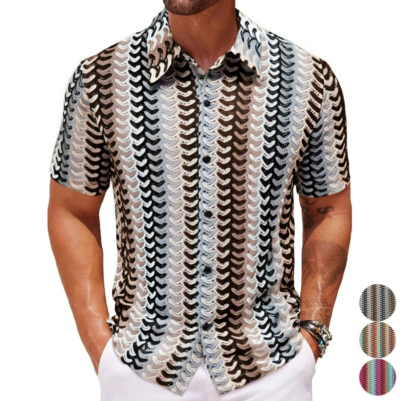 

Design Striped Print Knitted Shirts For Men Short Sleeve Hollow Summer Quality Mesh Breathable Loose Plus Size Camisas De Hombre