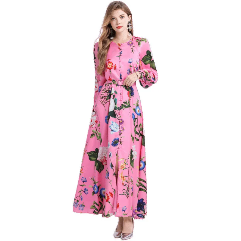 Retro Lantern Sve Print Dr Long Sve round Ne Maxi Skirt High Waist A-Line Summer Street Sle Couple's Dr