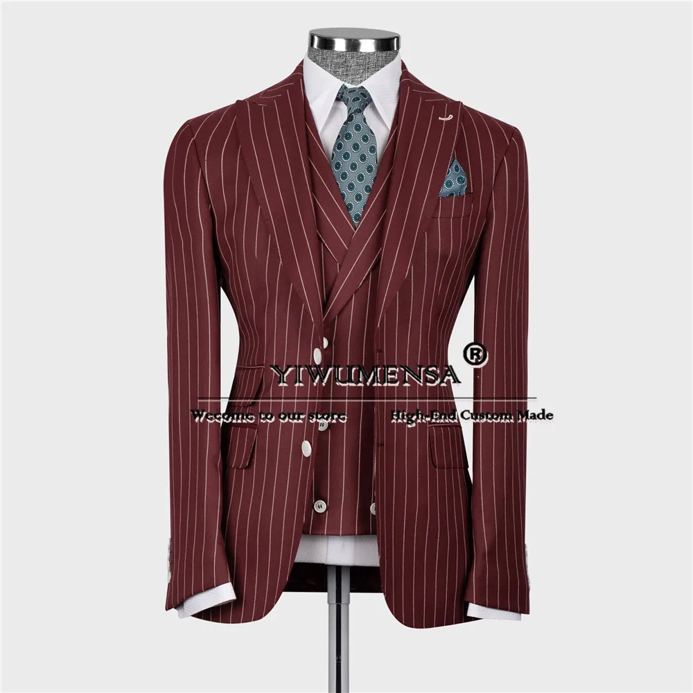 

Burgundy Striped Business Suits Men Single Breasted Blazer Vest Trousers 3 Pieces Set Bridegroom Wedding Party Dinner Tuxedos