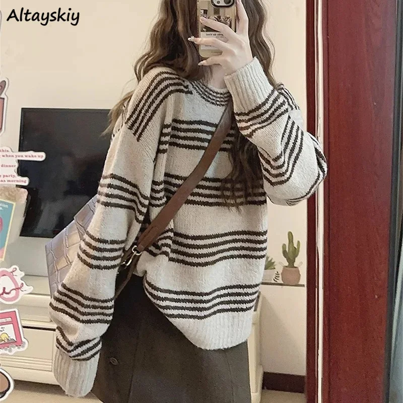 Striped Pullovers Women Loose Korena Style Vintage Knitted Sweaters All-match Tender Fluffy Keep Warm Autumn Winter Classic New