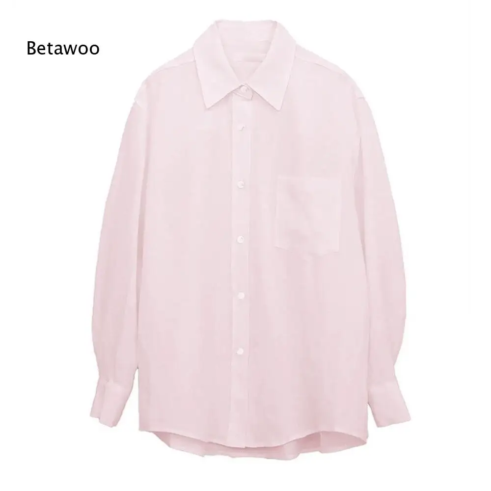 

Soft Breathable Button Down Blouse Point Collar Long Sleeve Chest Pocket Curved Hem Casual Oversized Top