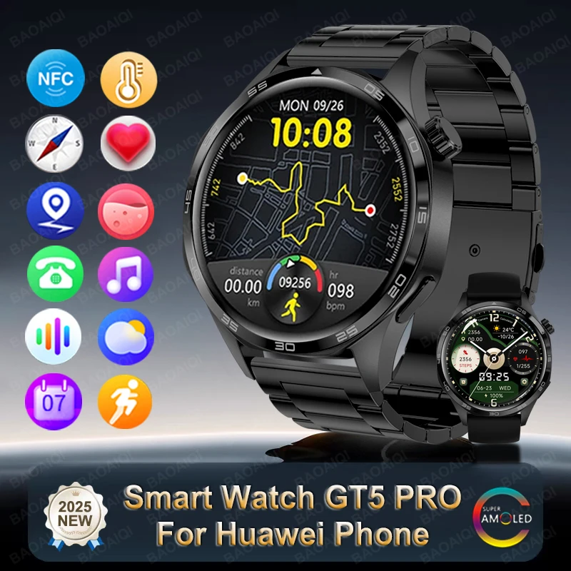 GT 5 PRO Smart Watch Men Watch 5 Pro AMOLED HD Screen Bluetooth Call GPS Trajectory NFC Heart Rate Compass SmartWatches 2025 New