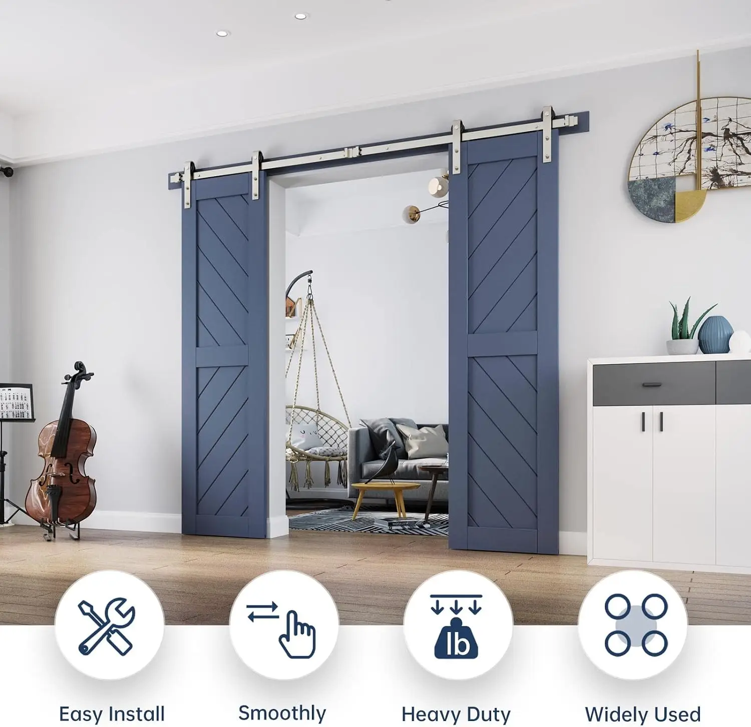 Nickel Brushed 8 Feet Pair Sliding Barn Door Hardware Rail Set Basic J Roller Heavy Duty Sliding Smooth Silent Simple Mount Fits